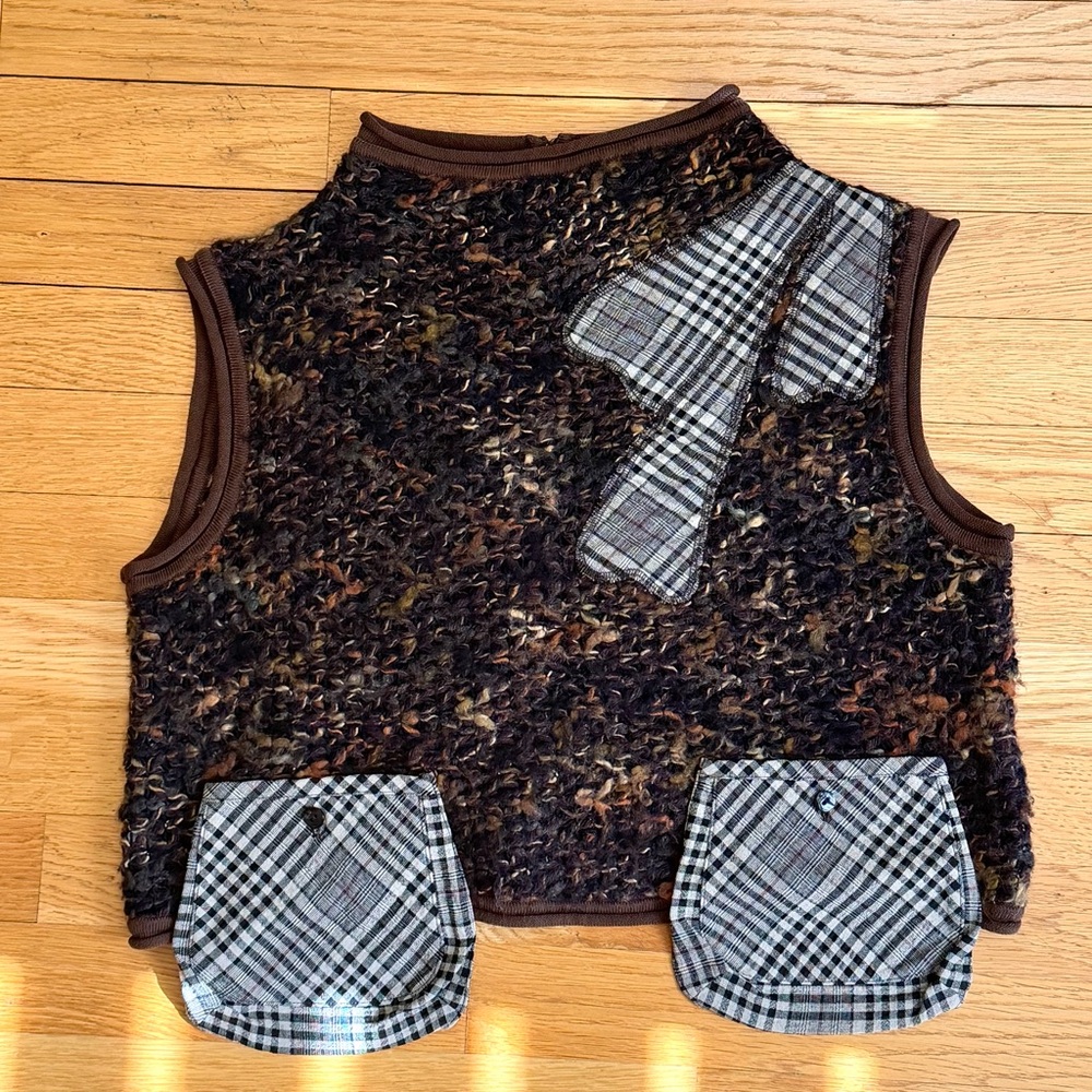 Japanese Designer Wool Blend Multi-Color Patchwork Cropped Knit Vest - S - Picture 2 of 8